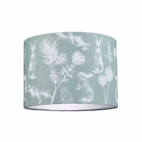 Happy Homewares Modern Woodland Themed Sage Green and White Cotton Cylinder Lampshade with Hares and Thistle Floral Decoration, W/D/H: 25 x 18 x 25 cm – 1