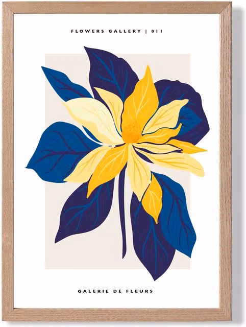 ARTZE Abstract Blue and Yellow Lilly Flower Market Gallery Framed Print with Oak Wood Frame, A2 – 1