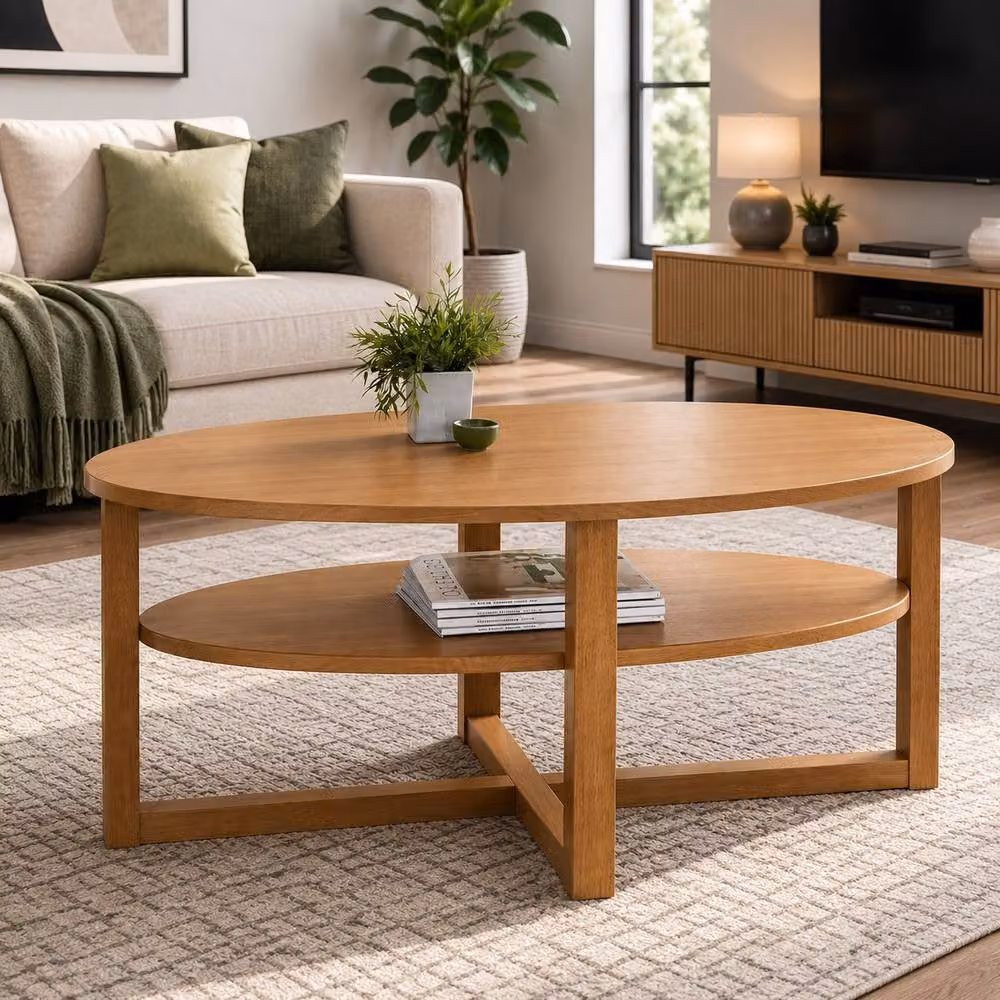 Spot On Dealz Oval Coffee Table with Under Shelf in Light Oak Finish – 4