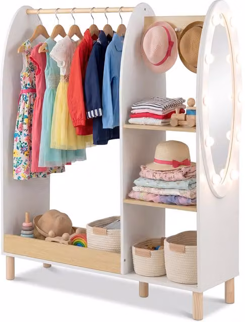COSTWAY Kids Open Hanging Dress Up Storage Unit with Mirror and Lights in Brown and White Pine Wood