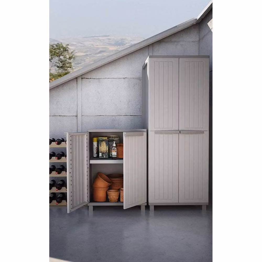 FORGEVIO Grey 2 Door Freestanding Cabinet with Broom Holder and Internal Shelving – 3