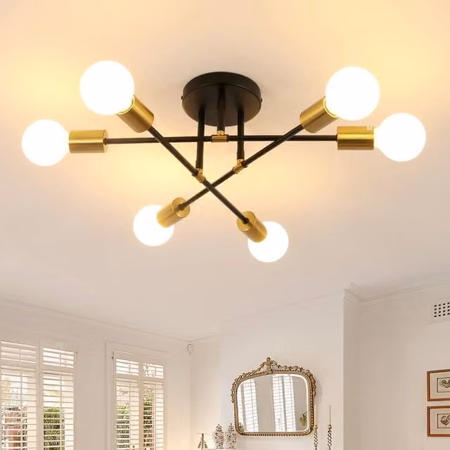 Pheashine 6-Light Modern Sputnik Ceiling Light, Adjustable Metal Chandelier with E27 Sockets in Black and Gold/Brass – 1