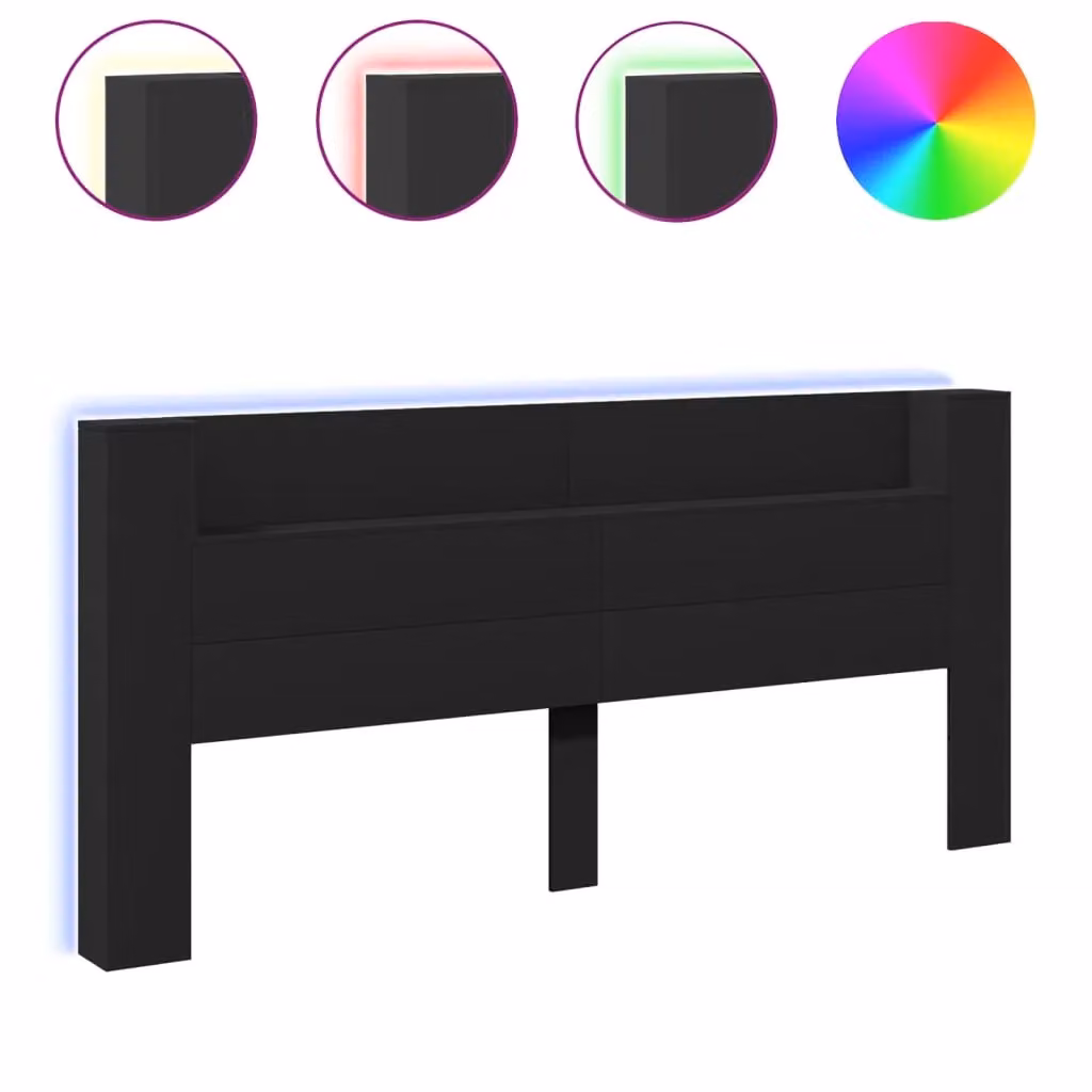 Berkfield Home Modern Black Headboard Cabinet with Integrated LED Lighting and USB Charging Port, W: 220 cm, D: 16.5 cm, H: 103.5 cm – 2