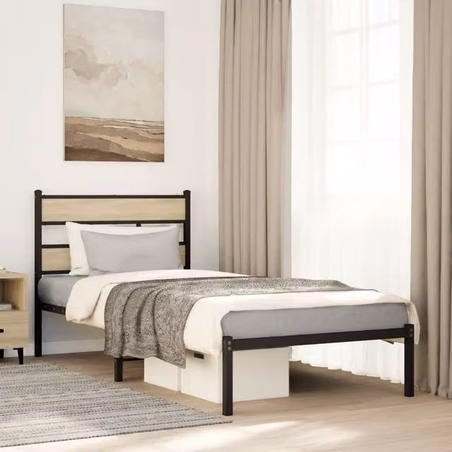 Berkfield Home Metal Bed Frame in Sonoma Oak Brown, W: 107 cm, L: 203 cm