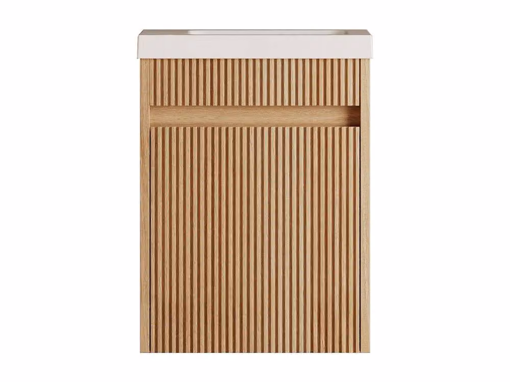 Vente-unique Fluted Ash Wood Wall-Hung Cloakroom Unit with Matt White Resin Basin in Light Oak – 2