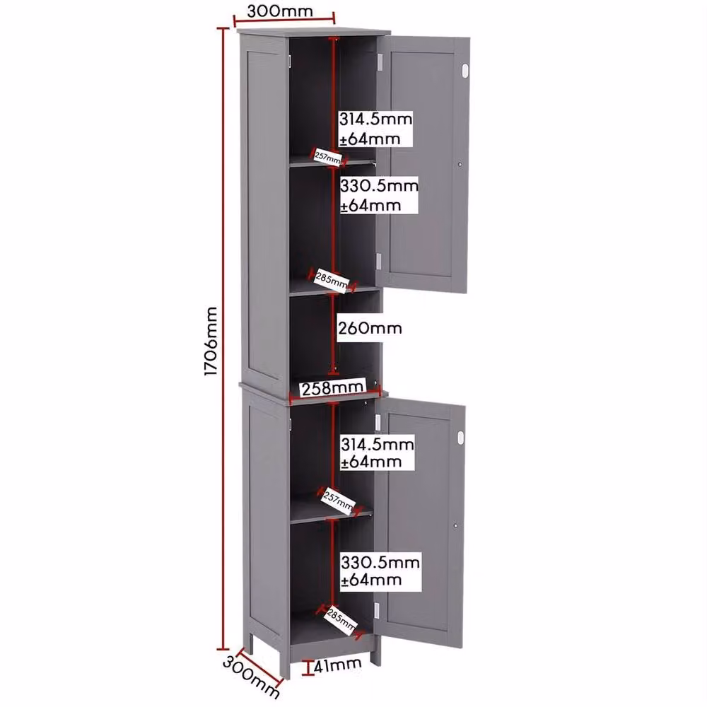 Kelvenix Modern Grey Freestanding Bathroom Tall Cabinet with Hinged Doors and Internal Shelves – 2