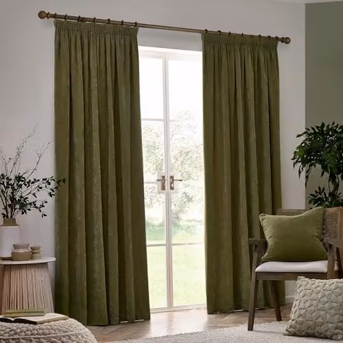 Yard Heavy Chenille Velvet Pencil Pleat Curtain Pair in Green, W: 229 cm, H: 183 cm – 2