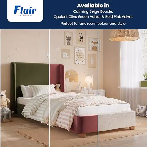 Flair Alma Single Winged Headboard Bed in Pink Velvet and Bouclé, W/D/H: 90 x 200 cm – 6