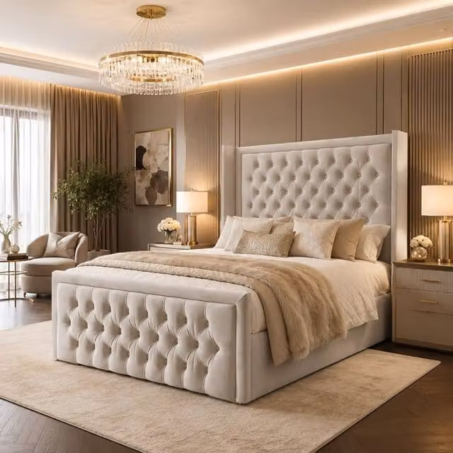 Desire Deco Luxury Wingback Upholstered Chesterfield Bed Frame in Beige, Size: King (180 x 200 cm) – 1