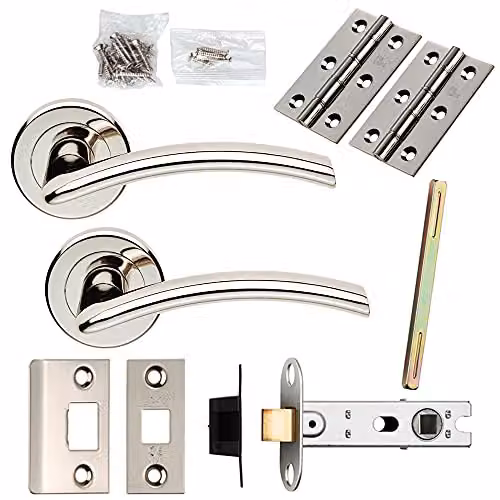 Loops Door Handle and Latch Pack in Polished Nickel with Arched Lever and Screwless Round Rose