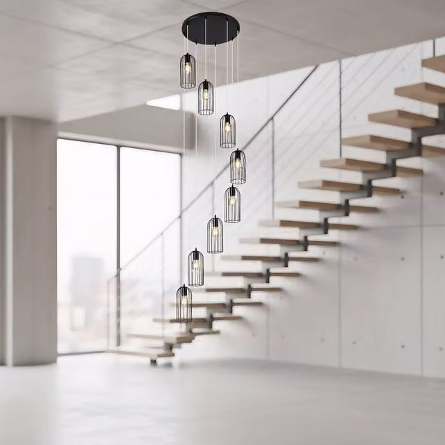 NIVOR Black Industrial Cluster Staircase Chandelier, Height Adjustable E27 Pendant Light for Hallways and Stairs – 1