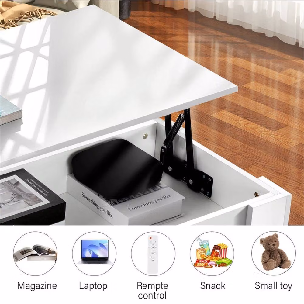 Nordara White Wooden Coffee Table with Lift Mechanism and Storage Shelf, W: 120 cm, D: 70 cm, H: 70 cm – 3