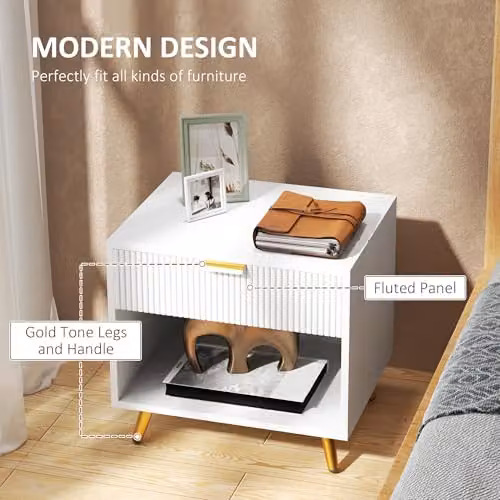 HOMCOM White Bedside Table with Drawer and Open Compartment – 3