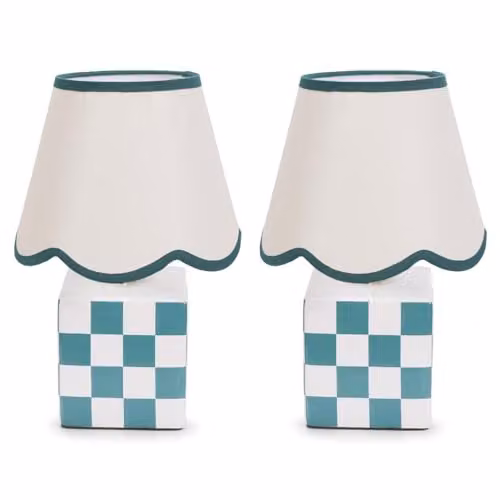 ValueLights Pair of Green Ceramic Cube Table Lamps with Fabric Scallop Shades