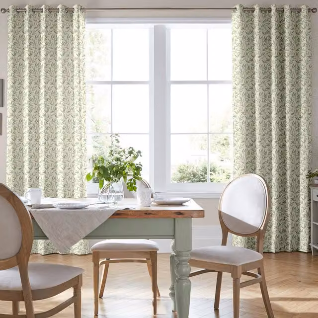 Laura Ashley Willow Leaf Made To Measure Blackout Floral Eyelet Curtains in Green