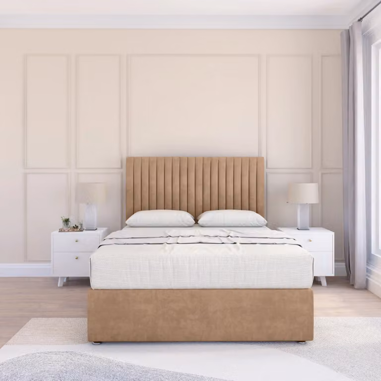 Sloomy Manhattan Upholstered Divan Bed Base and Floor Standing Headboard in Beige, W/D/H: 140 x 200 cm