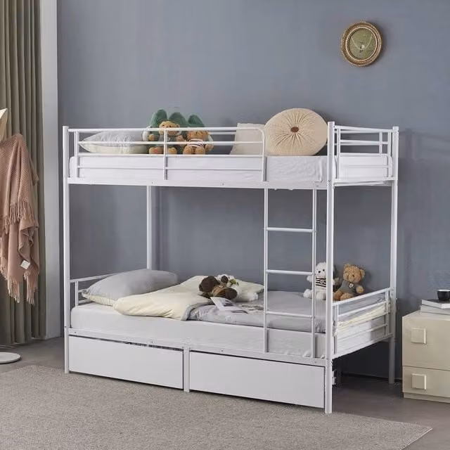 NESTLUNE High Sleeper Single Bunk Bed with Two Drawers, White Metal Frame, H 198 x W 90 x D 200 cm – 1