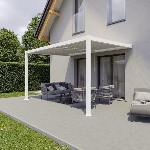Agadon White Aluminium Wall Mounted Lean-to Pergola Shading System W: 300 cm x D: 400 cm