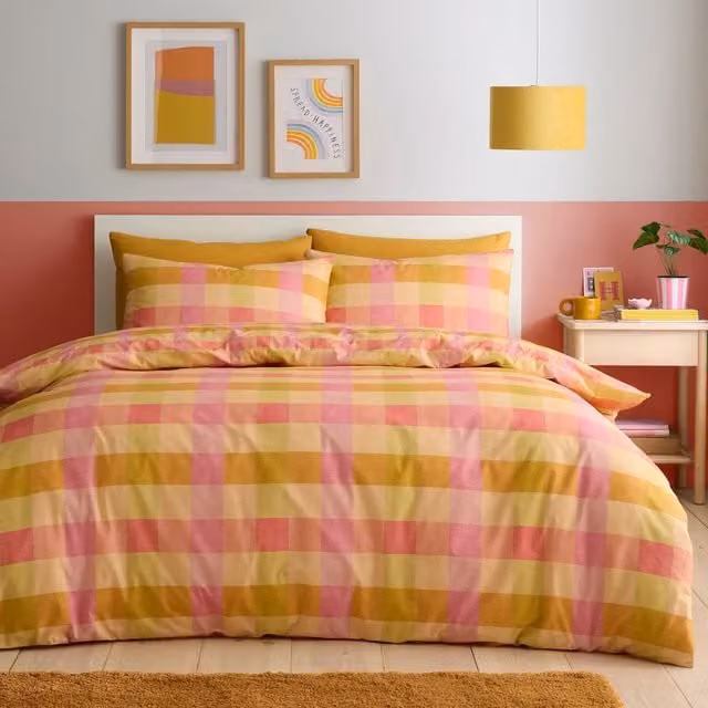 Fusion Block Check Reversible Duvet Cover Bedding Set in Orange, Pink, Gold and Multicolour