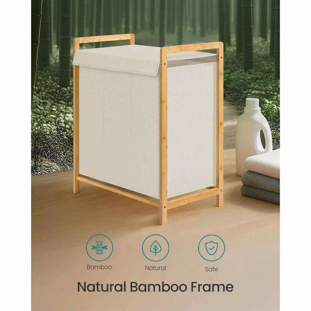 The Bazaarist 3 Compartment Bamboo Laundry Hamper with Lid and Removable Bags in White and Beige – 2