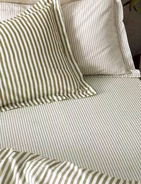 YARD Hebden Striped Pure Cotton Fitted Sheet, Olive Green, W: 180 cm, D: 200 cm