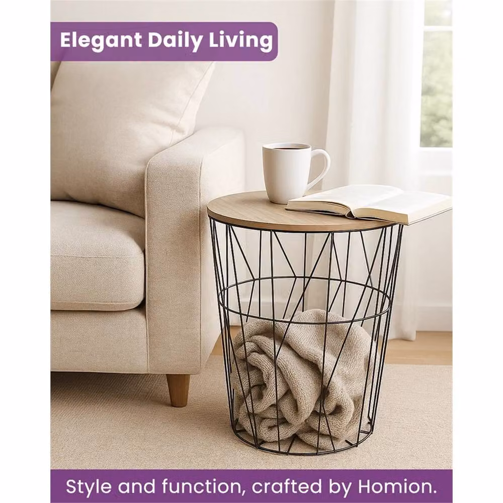 VOGREX Modern Round Black Metal Wire Side Table with Wooden Top and Storage Basket – 2