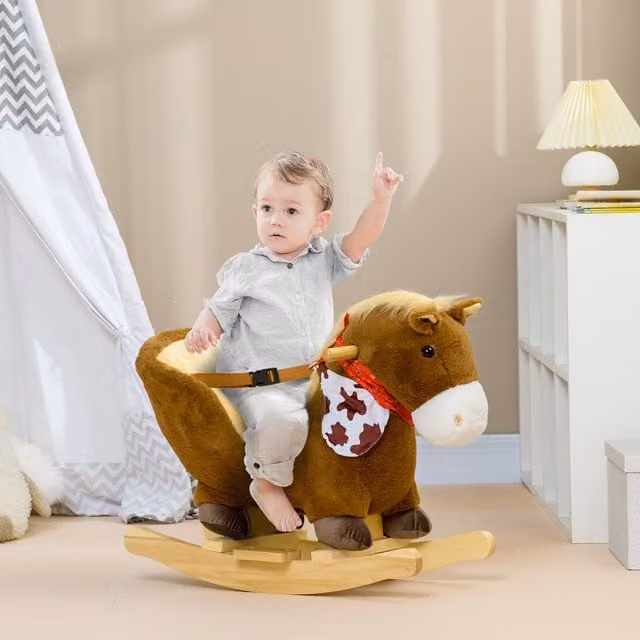 HOMCOM Kids Rocking Horse with Safety Harness, Sound and Foot Pedals in Brown