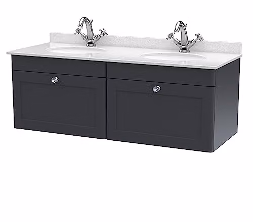 nuie Classique CLC1494WR2 Wall Hung 2 Drawer Unit with 1 Tap Hole Double Marble Top and Round Basin, Satin Anthracite/White/Soft Black, W: 122.0 cm, D: 47.0 cm, H: 50.9 cm