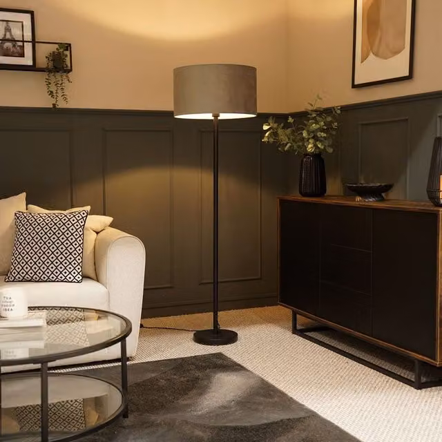 ValueLights Charlie Black Stem Floor Lamp with Grey Velvet Fabric Shade – 2