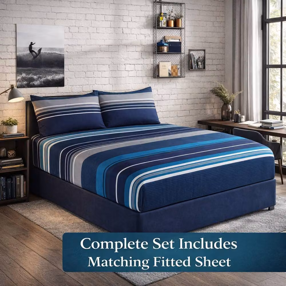 Homes-Linen Vega 4 Piece Microfibre Bedding Set, Blue Striped Pattern, W/D/H: 140 x 200 cm – 3
