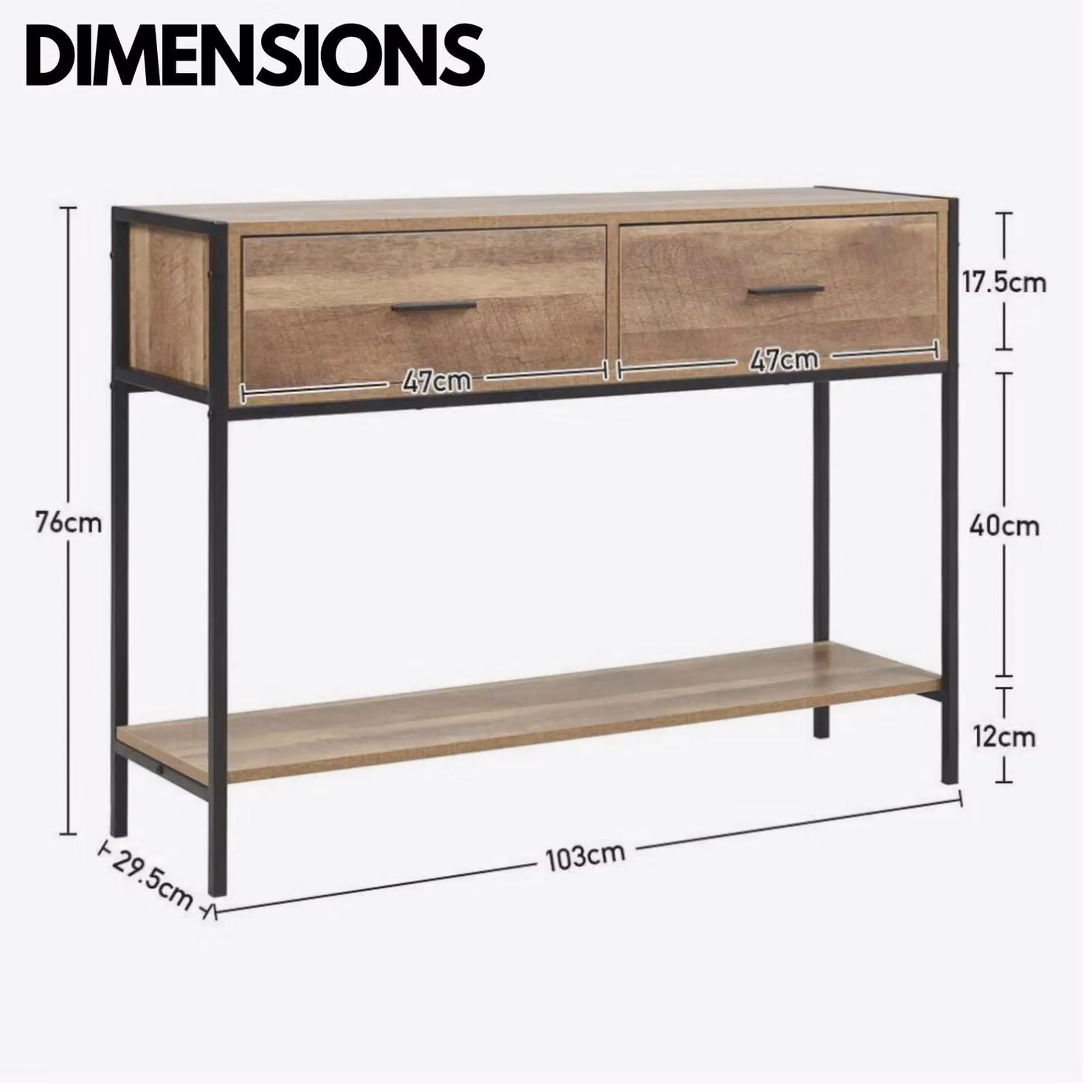 Rafaelo Mobilia Industrial Console Table with 2 Drawers and Storage Shelf in Natural Brown and Sand, W/D/H: 76 x 29.5 x 29.5 cm – 3