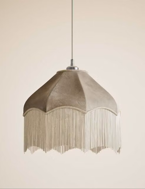 M&S Velvet Fringed Oversized Cone Lampshade in Taupe and Beige