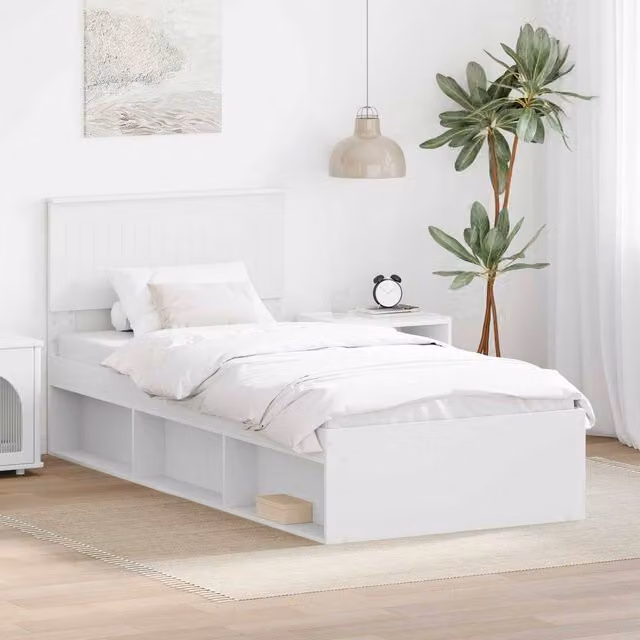Berkfield Home Modern Bed Frame with Headboard in White, Solid Pine and Engineered Wood, W/D/H: 90 x 200 cm