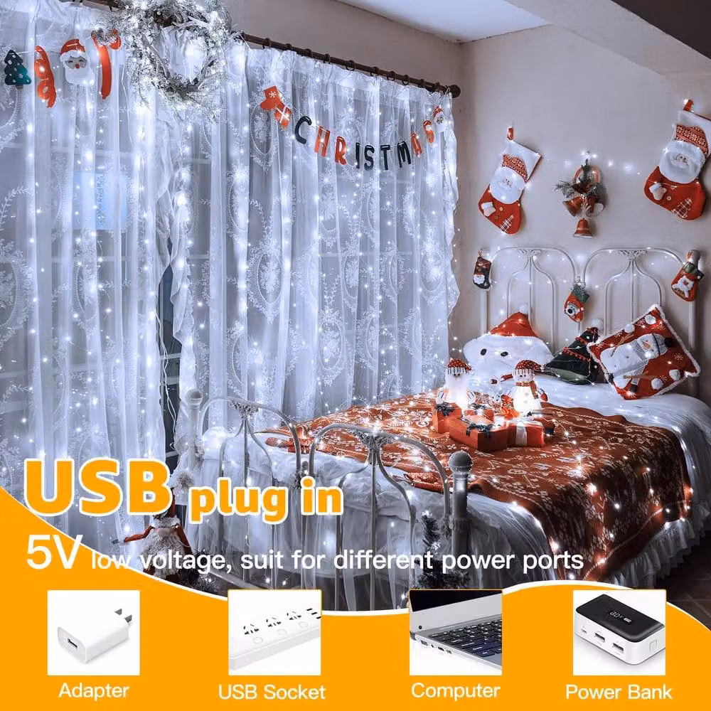 NIVOR White LED Curtain Fairy Lights with 300 LEDs, 8 Modes and Cool White 6500K Light, W/H: 3 x 3 m – 6