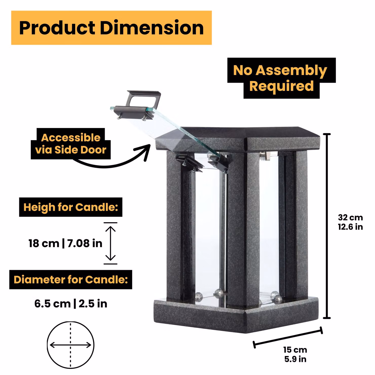 Novecrafto Large Polished Black Granite Memorial Lantern, H 32 cm, W 15 cm, D 15 cm – 3