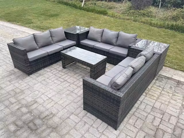 Fimous Dark Grey Polyrattan Outdoor Garden Lounge Sofa Set with U-Shape 3-Seater Sofa, Oblong Coffee Table and Upholstered Cushions