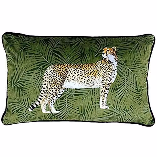 Riva Paoletti Cheetah Forest Filled Cushion in Green with Palm Leaf Design and Velvet Feel Fabric, W: 50 cm, H: 30 cm