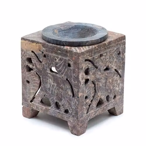 KDMD Square Soapstone Elephant Oil Burner in Chocolate Brown, W/D/H: 10 x 10 x 7.5 cm