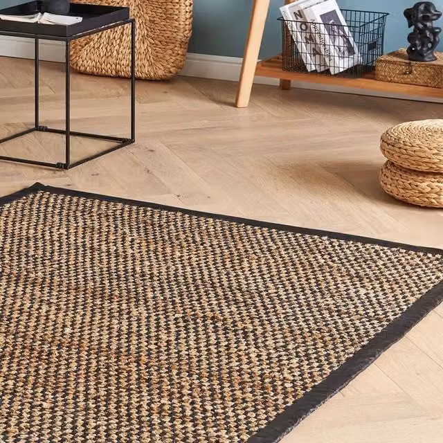 Wyld and Coco Handwoven Jute and Cotton Checkerboard Rug in Black and Beige, W: 140 cm, L: 200 cm – 1