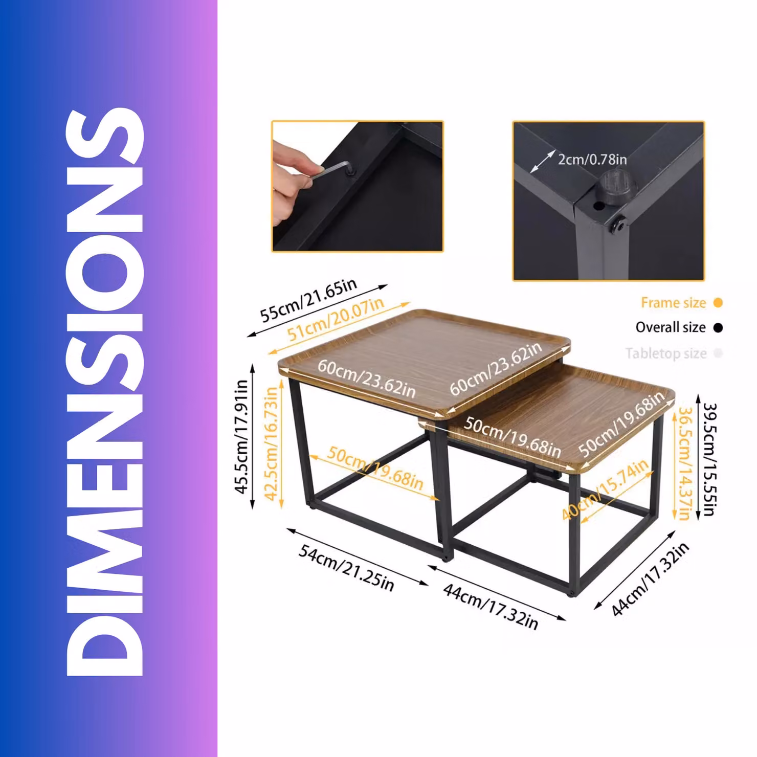 Pirlo Plush 2-Piece Nesting Tables in Brown Industrial Wood Grain with Black Metal Sled Base – 3
