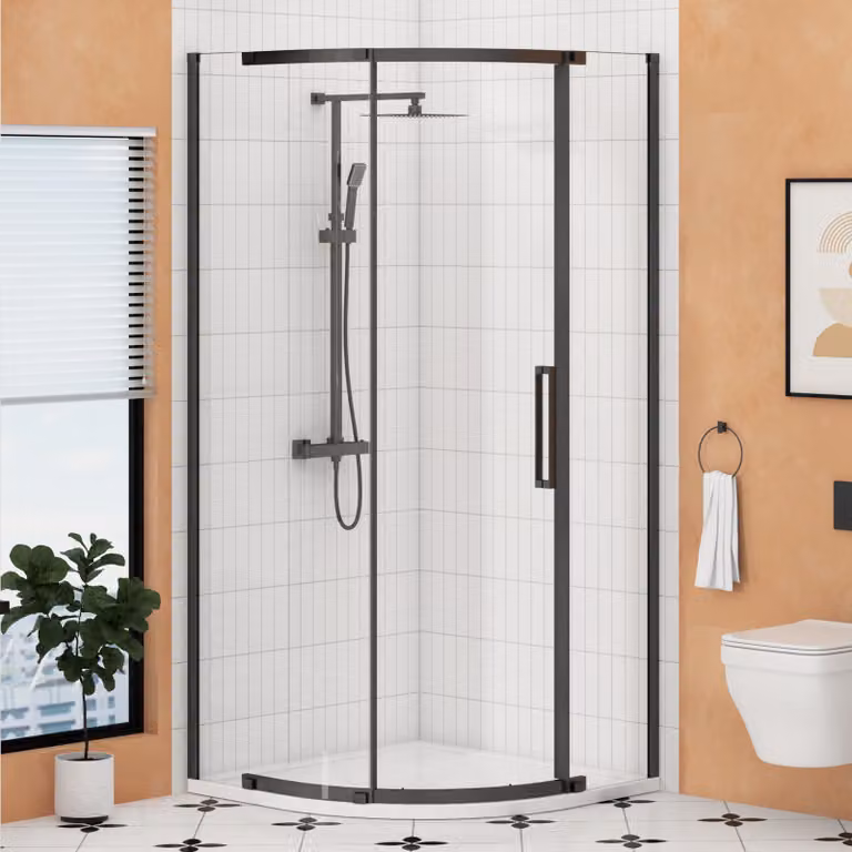 Royal Bathrooms Chelsea Single Door Quadrant Shower Enclosure with Stone Tray, Matt Black, Height: 195 cm, 8mm Easy Clean Glass
