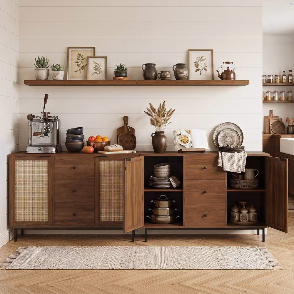 Costway Modern Brown Sideboard Buffet Cabinet and Coffee Bar Table with 2 Doors, 3 Drawers and Rattan Details, Width: 120 cm – 6