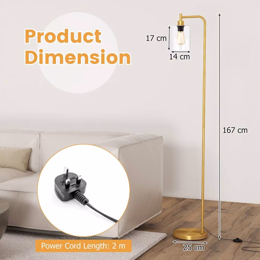 Costway Industrial Floor Lamp with Transparent Glass Lampshade in Gold/Brass – 2