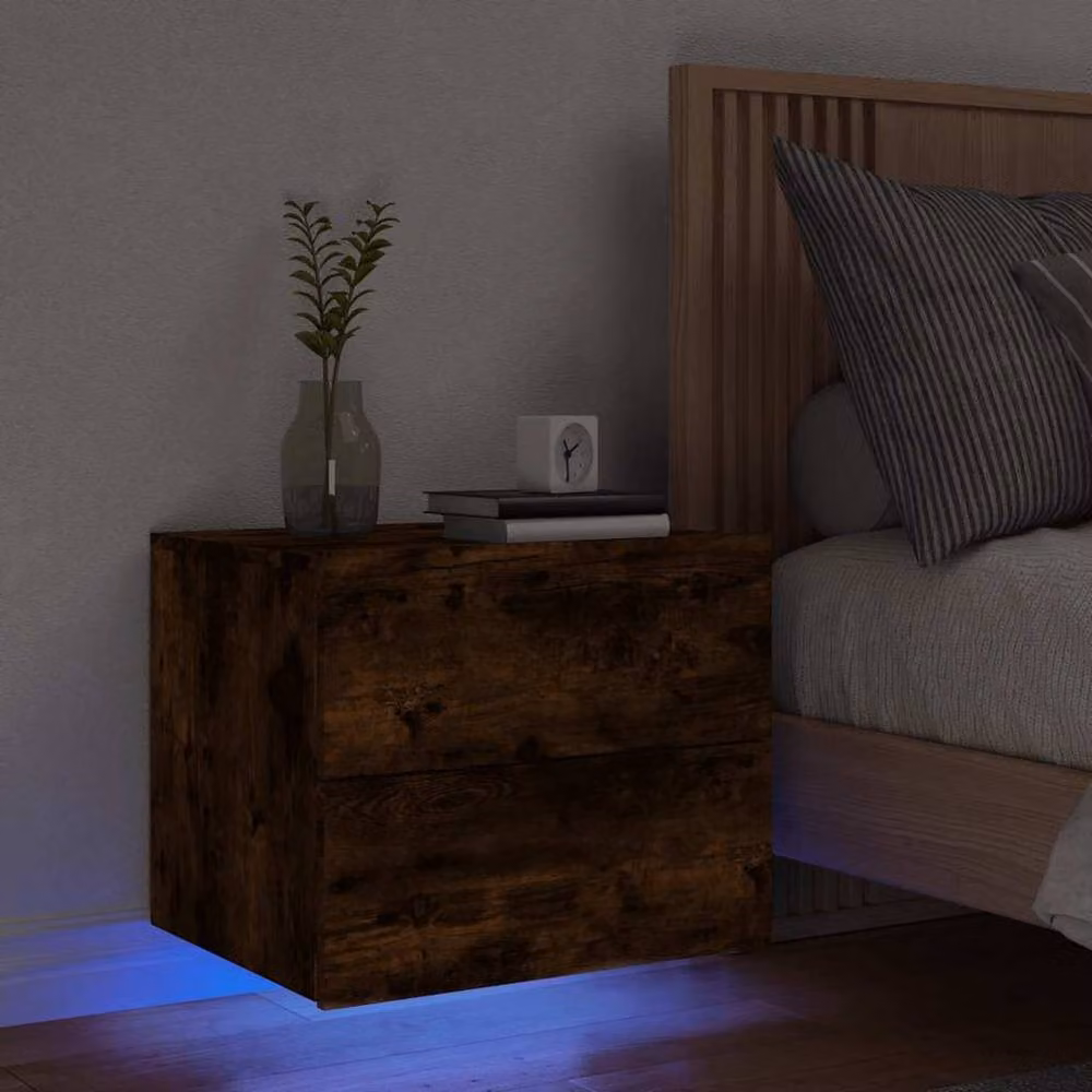 Berkfield Home Wall-mounted Bedside Cabinet with Integrated LED Lights in Smoked Oak Brown – 2
