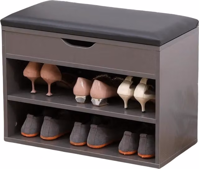 Pirlo Plush Grey Shoe Storage Bench with Back Panel, W/D/H: 60 x 30 x 45 cm