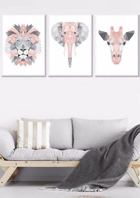 ARTZE Geometric Jungle Animal Heads Framed Wall Art in Pink, Grey and White, W: 53 cm, H: 73 cm, D: 2 cm