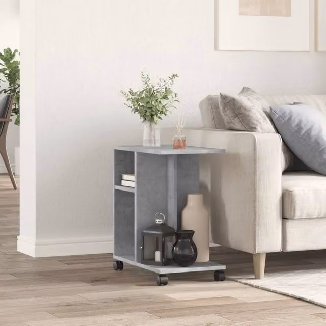 Berkfield Home Side Table with Castors in Concrete Grey, W/D/H: 50 x 30 x 55 cm