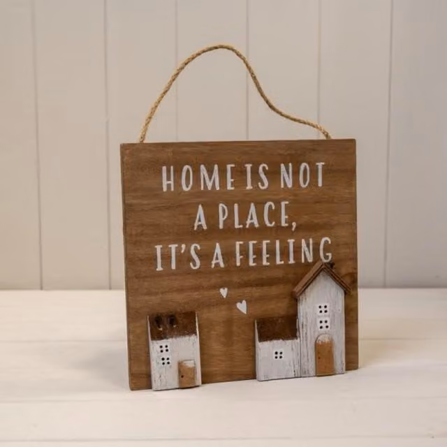 Rustic Brown Wooden Hanging Home Sign with Typography Home is Not a Place it's a Feeling
