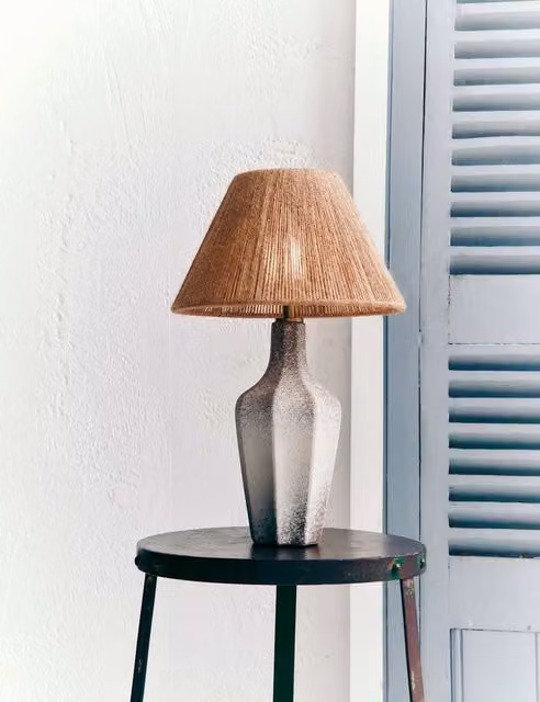 M&S Rechargeable Dimmable LED Table Lamp with Ceramic Base and Jute Shade in White and Beige