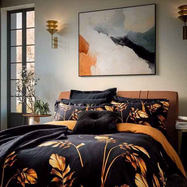 Ted Baker Gilded Floral Cotton Mako Satin Duvet Cover and Pillowcase Set, Black and Gold, W: 180 cm, H: 200 cm